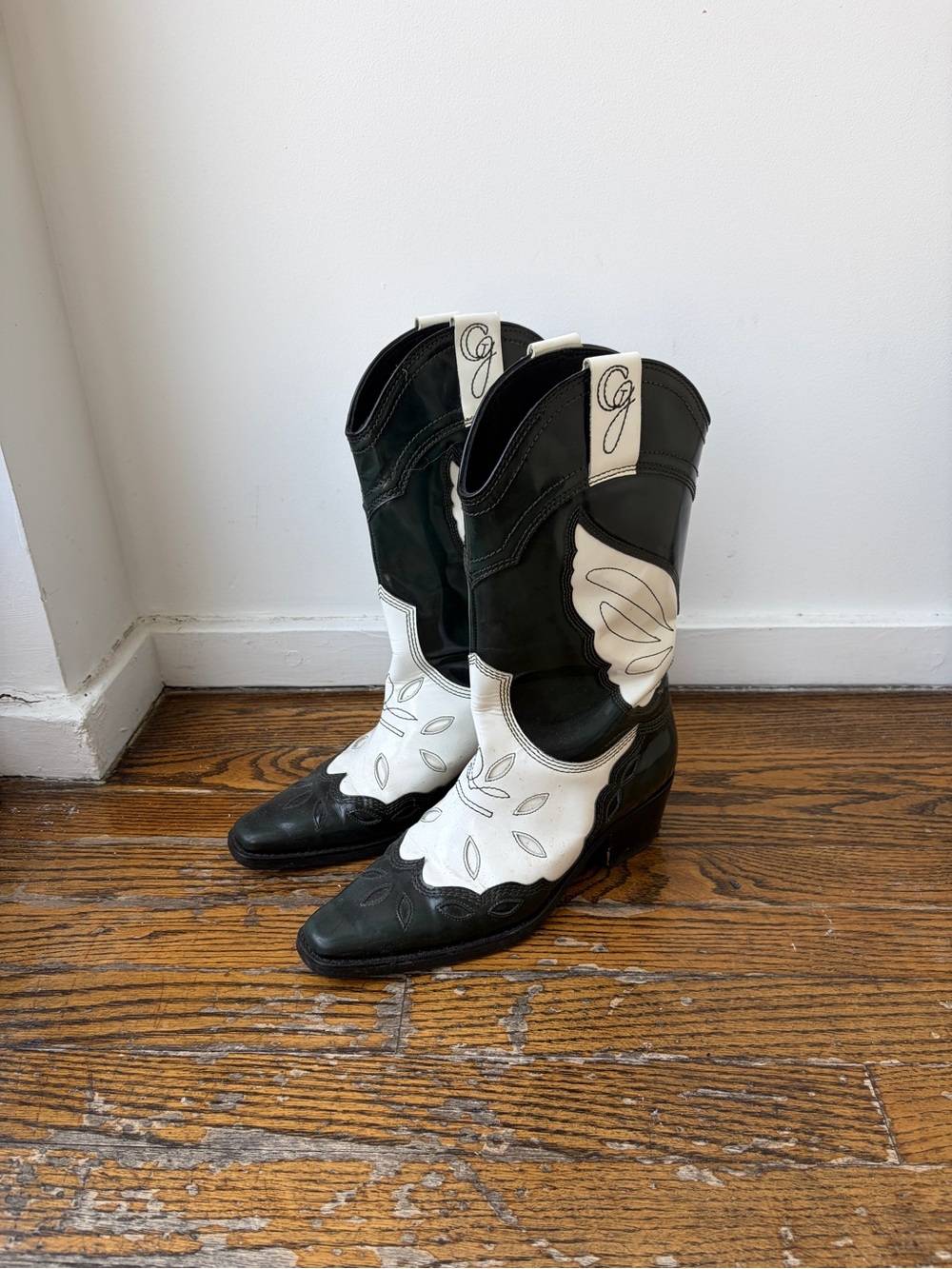 Rare Ganni Black (dark green) and White Leather Cowboy Boots